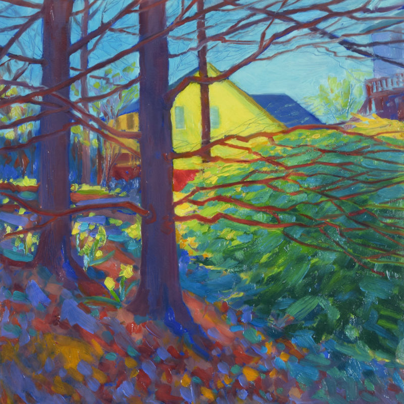 Yellow House through the Woods, oil on panel, 12 x 12 inches, 2017-029