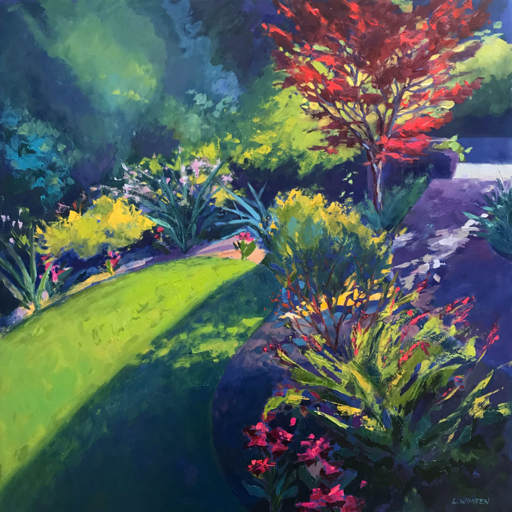 Summer Garden with Red Maple, oil on panel, 30 x 30 inches, 2017-042, SOLD