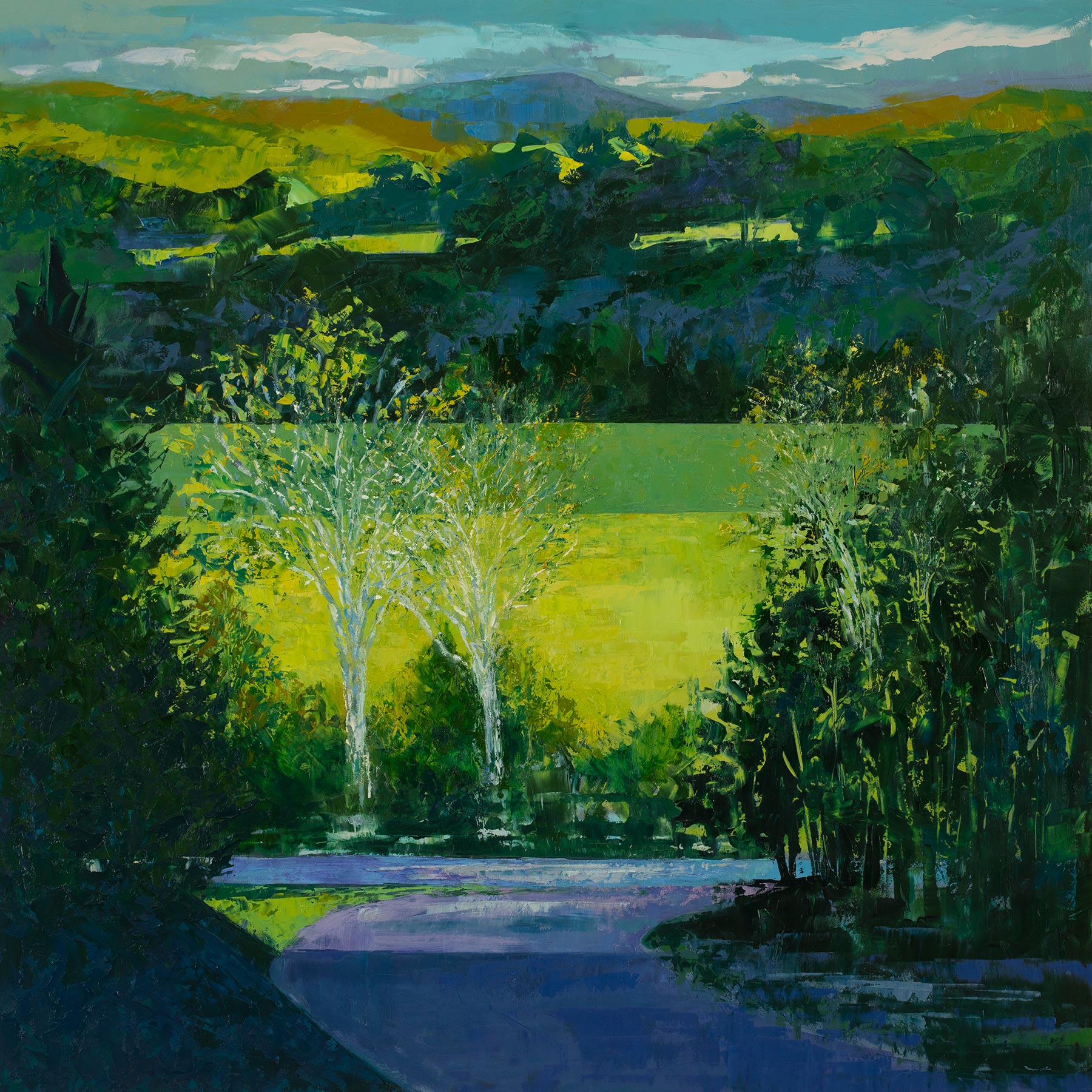 View from the Ridge: Leaning In/Leafing Out, oil on panel, 30 x 30 inches, 2020, SOLD