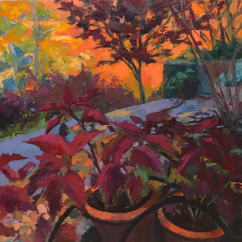 Coleus Pots with Fall Maple, oil on panel, 16 x 16 inches, 2017-071