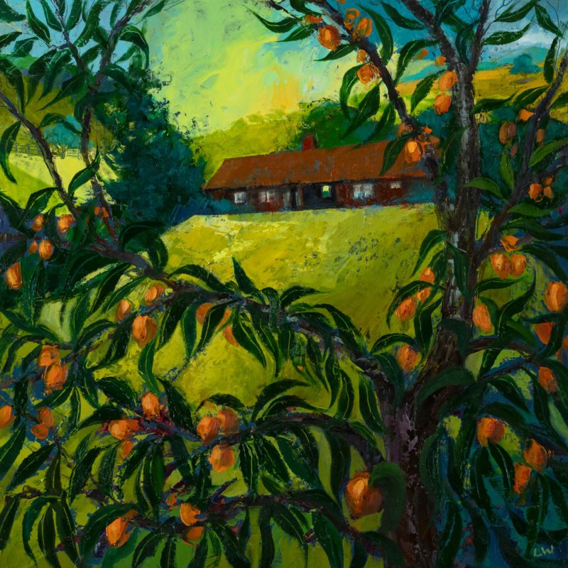 Homestead with Peach Tree, oil on panel, 16 x 16 inches, 2018-035