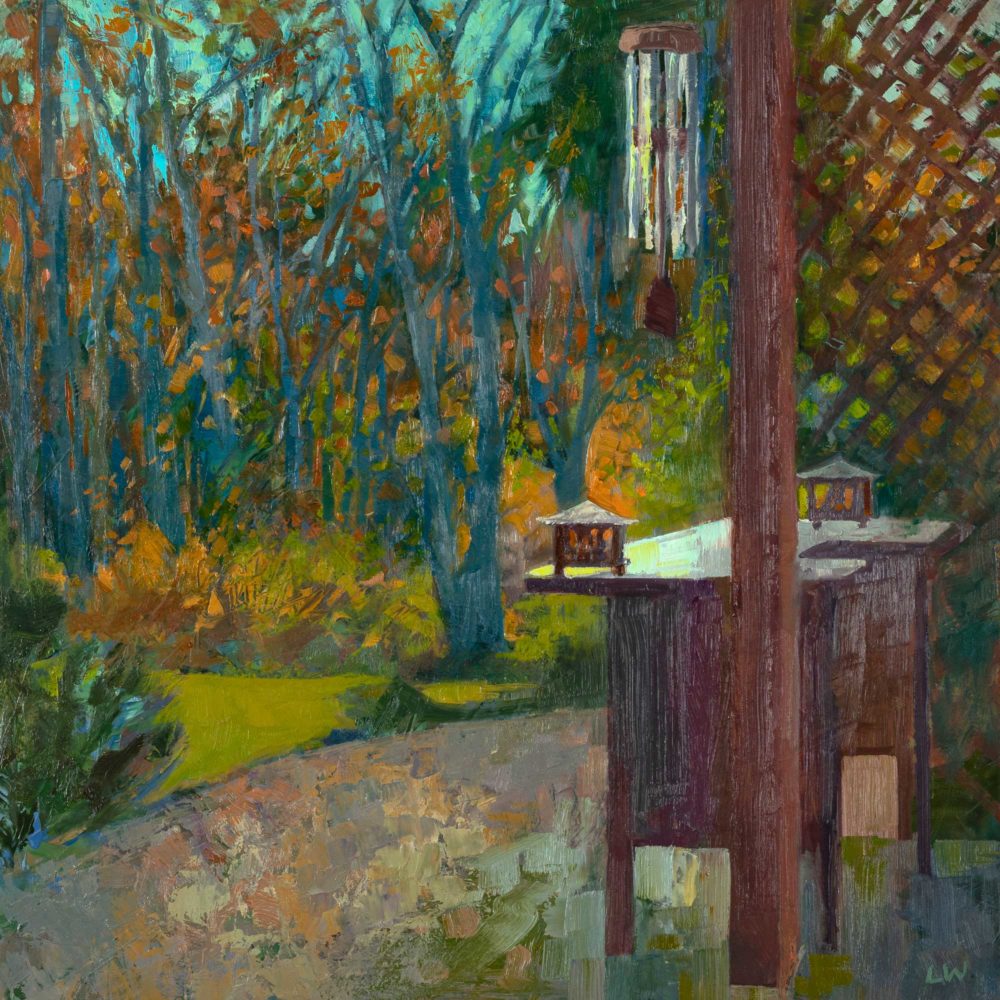 Fall Patio with WindChimes, oil on panel, 16 x 16 inches, 2018-047