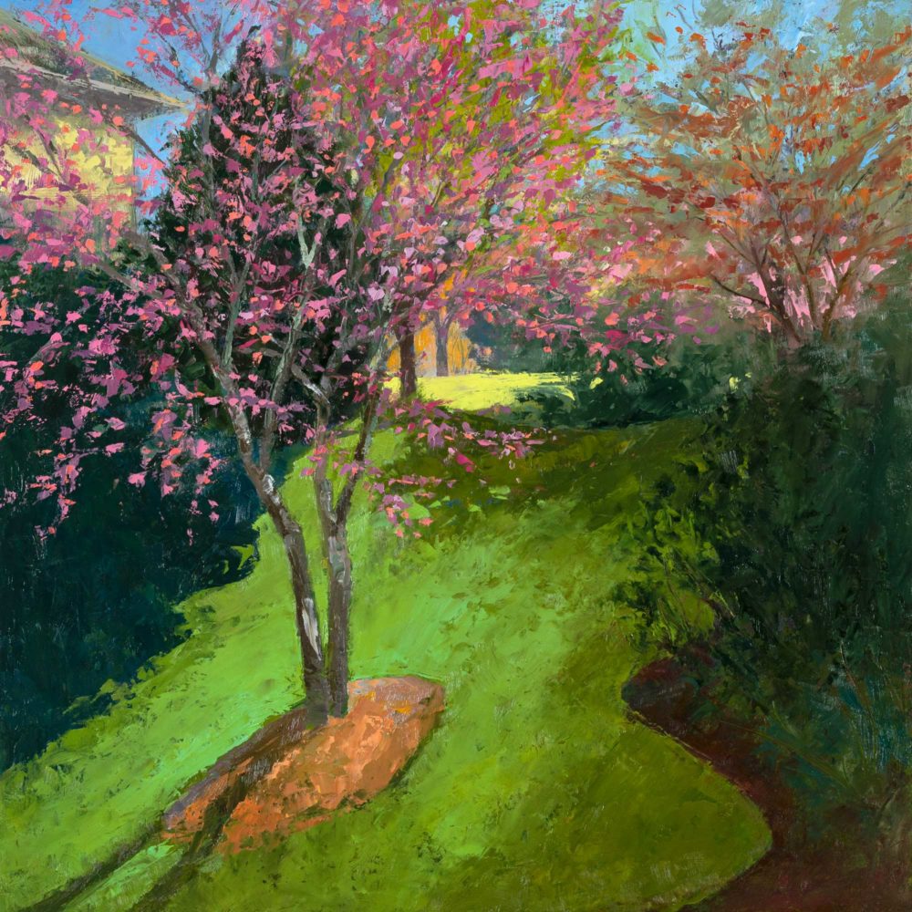 The Redbud Still Blooms, oil on panel, 16 x 16, 2020-008, SOLD