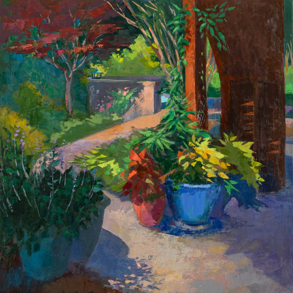 Summer Patio with Coleus Pots, oil on panel, 16 x 16, 2021-047