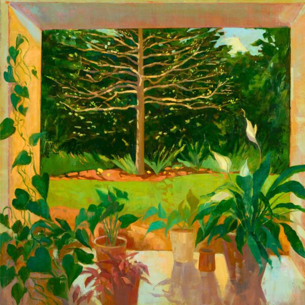Window with Peace Lily, oil on panel, 24 x 24, 2023-008
