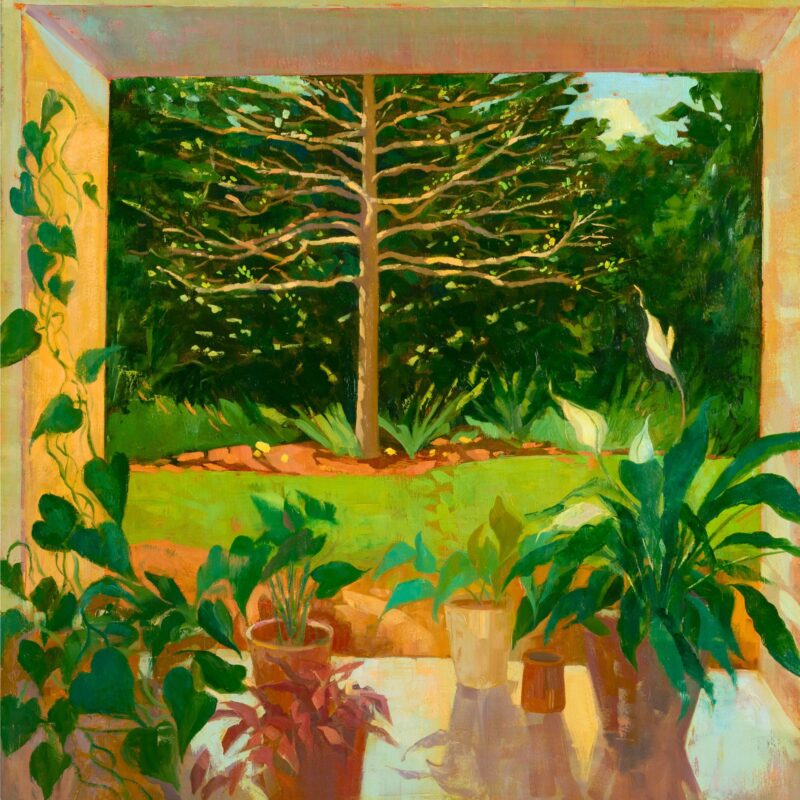 Window with Peace Lily, oil on panel, 24 x 24, 2023-008