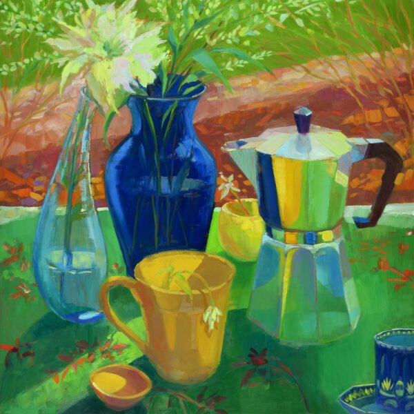 Blue Vase with Coffee Pot, oil on panel, 16 x 16, 2025-003, SOLD