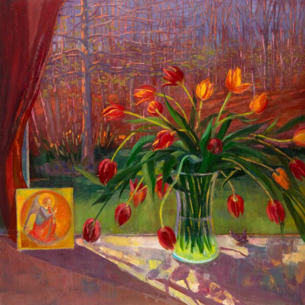 Red Tulips with Angel, oil on panel, 24 x 24, 2025-010