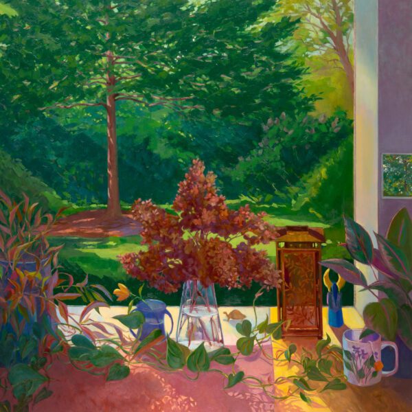 Summer Window with Hydrangea, oil on panel, 36 x 36, 2025-024