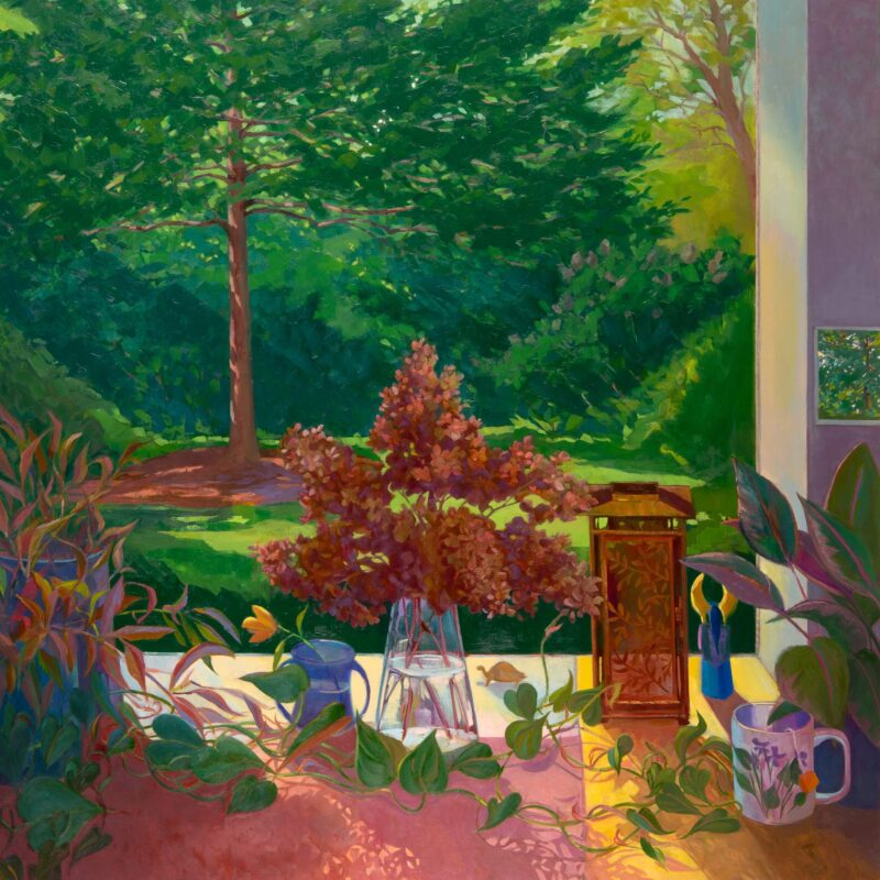 Summer Window with Hydrangea, oil on panel, 36 x 36, 2025-024