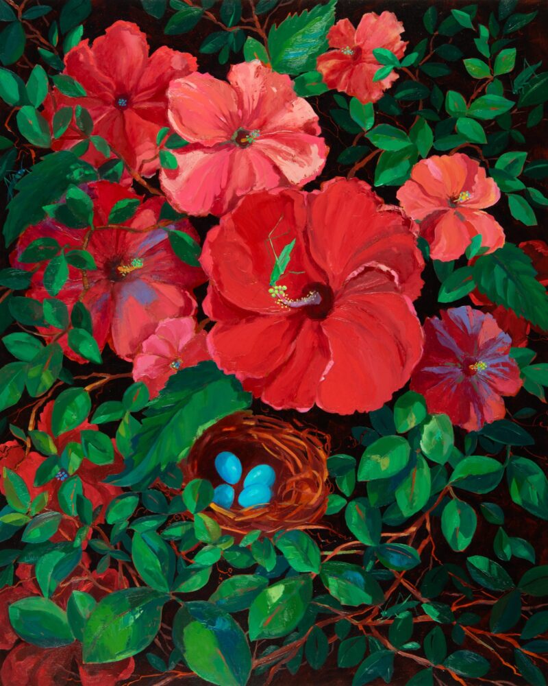 Hibiscus and Four Katydids, oil on panel, 24 x 30, 2026