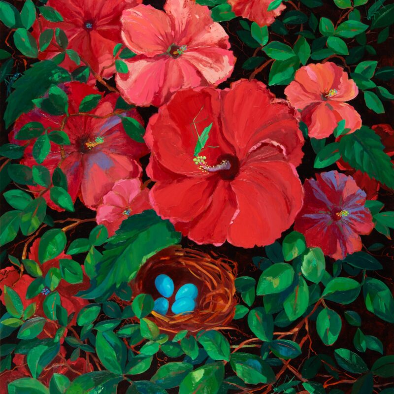 Hibiscus and Four Katydids, oil on panel, 24 x 30, 2026